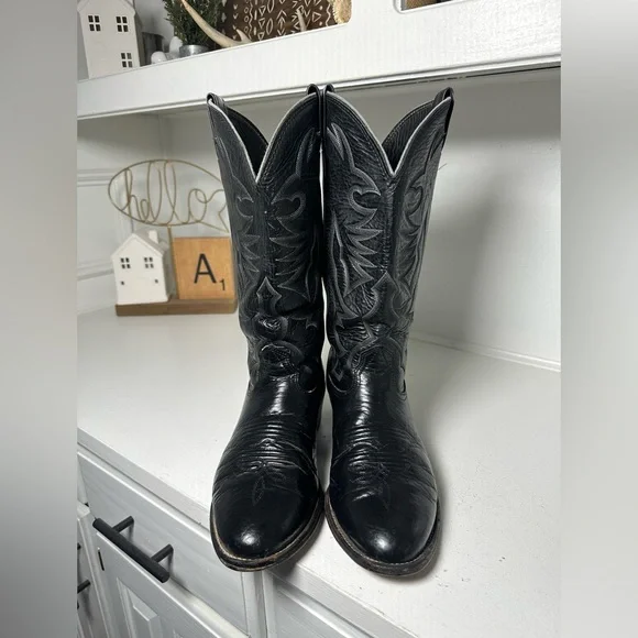 Larry Mahan Vintage Cowboy Boots Black Leather Western Boots Men’s 8.5 Wmn 10 - Picture 2 of 10